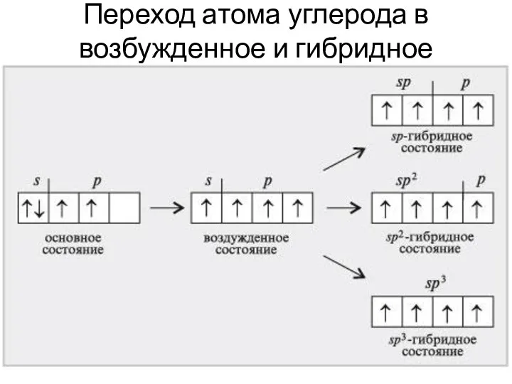 Переход атома углерода в возбужденное и гибридное состояния