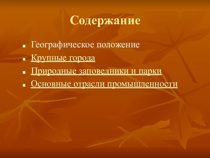 Содержание Географическое положение Крупные города Природные заповедники и парки Основные отрасли промышленности