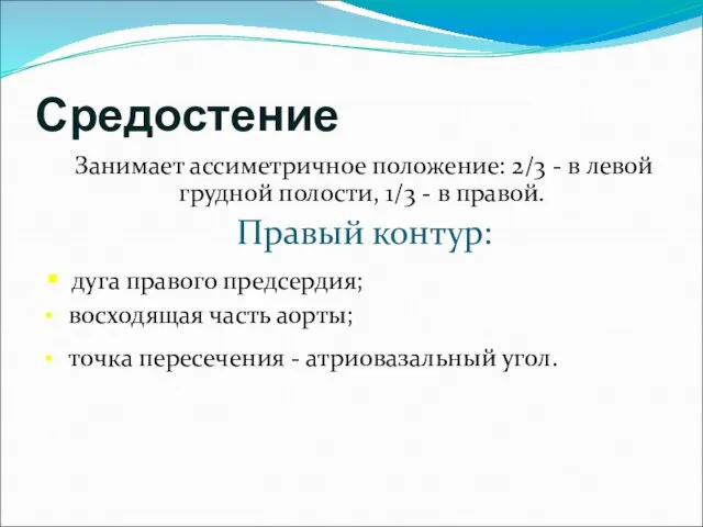 Средостение Занимает ассиметричное положение: 2/3 - в левой грудной полости,