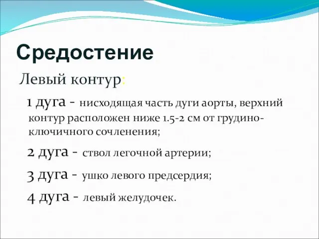 Средостение Левый контур: 1 дуга - нисходящая часть дуги аорты,