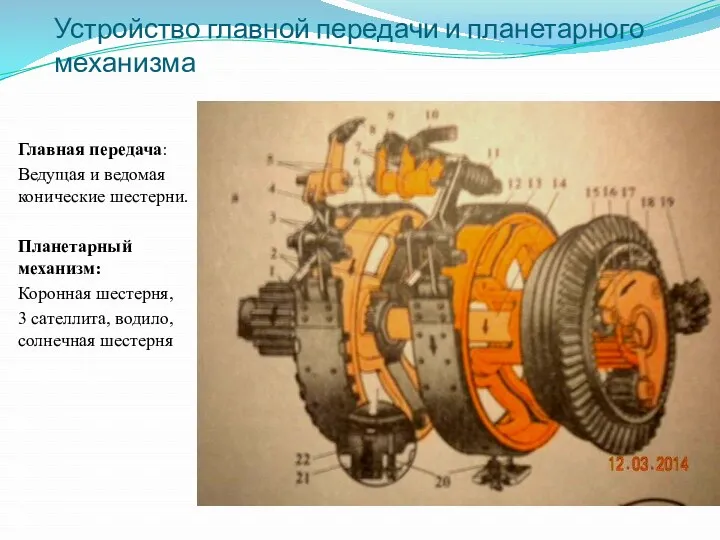 Устройство главной передачи и планетарного механизма Главная передача: Ведущая и