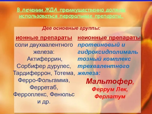 В лечении ЖДА преимущественно должны использоваться пероральные препараты. Две основные