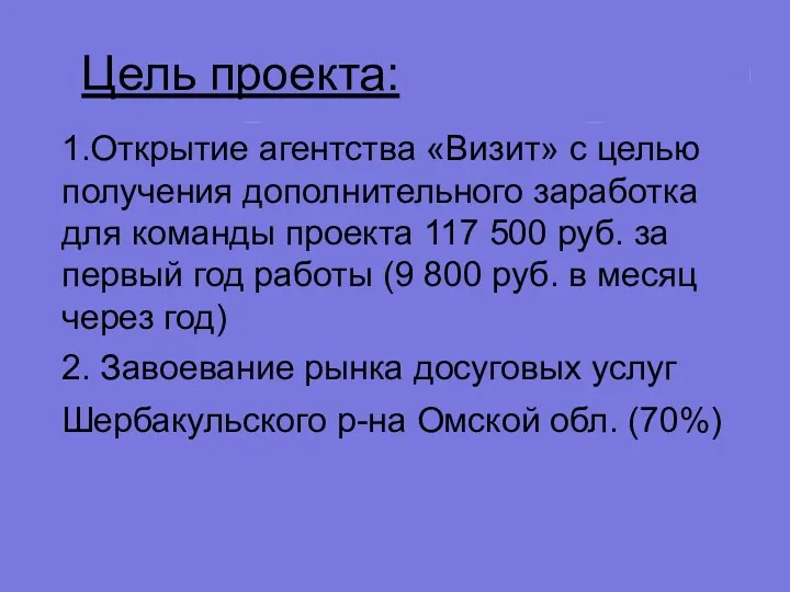 Цель проекта: 1.Открытие агентства «Визит» с целью получения дополнительного заработка