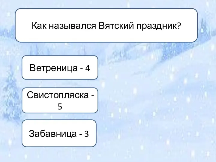 Как назывался Вятский праздник? Ветреница - 4 Свистопляска - 5 Забавница - 3