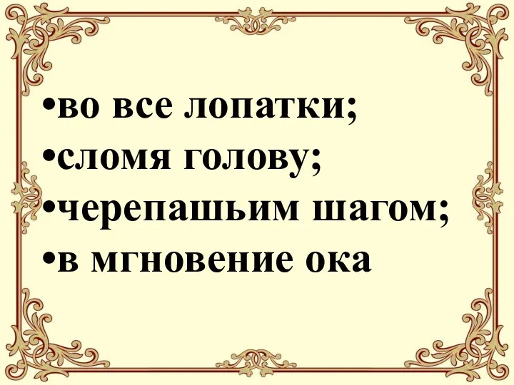 во все лопатки; сломя голову; черепашьим шагом; в мгновение ока