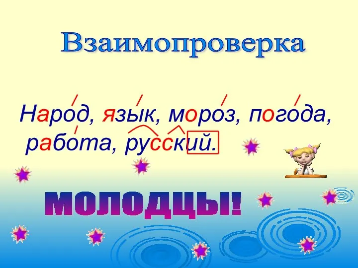 Взаимопроверка Народ, язык, мороз, погода, работа, русский. МОЛОДЦЫ!