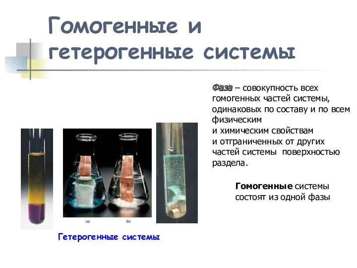 Гомогенные и гетерогенные системы Гетерогенные системы Фаза – совокупность всех