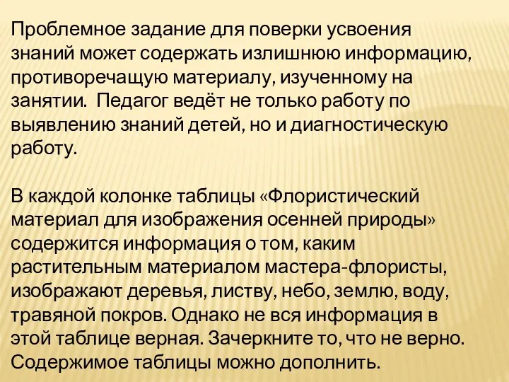 Проблемное задание для поверки усвоения знаний может содержать излишнюю информацию,