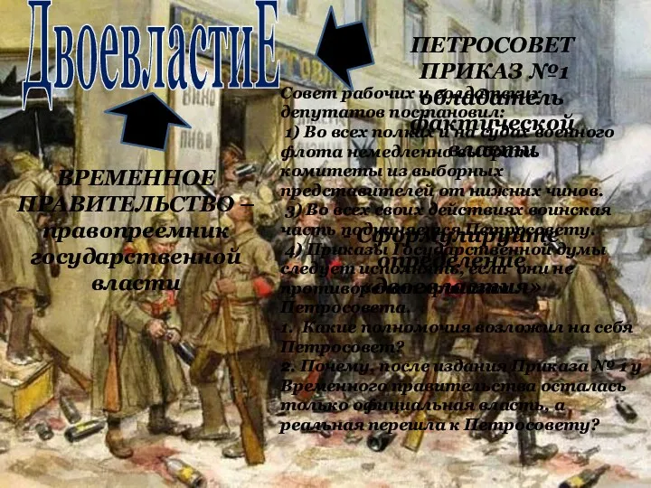 ДвоевластиЕ ВРЕМЕННОЕ ПРАВИТЕЛЬСТВО –правопреемник государственной власти ПЕТРОСОВЕТ ПРИКАЗ №1 обладатель