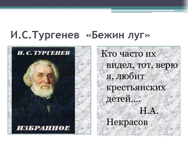 И.С.Тургенев «Бежин луг» Кто часто их видел, тот, верю я, любит крестьянских детей…. Н.А.Некрасов