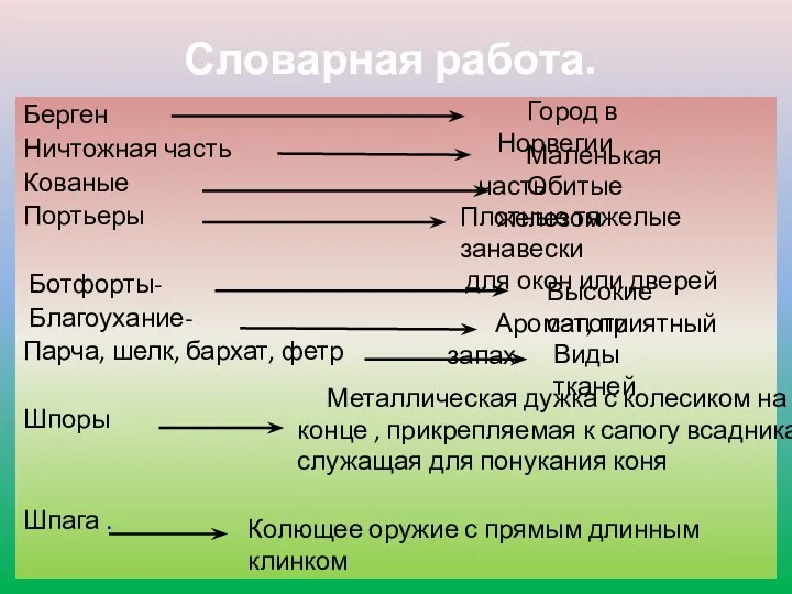 Словарная работа. Берген Ничтожная часть Кованые Портьеры Ботфорты- Благоухание- Парча,