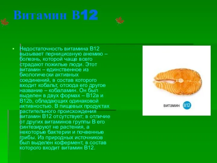 Витамин В12 Недостаточность витамина B12 вызывает пернициозную анемию – болезнь, которой чаще всего