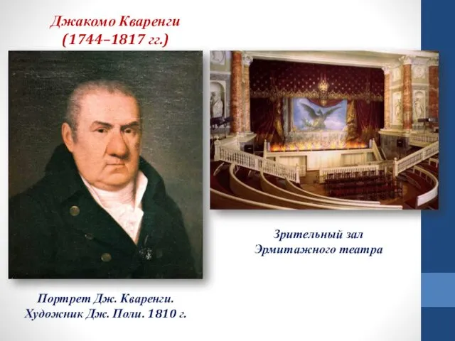 Джакомо Кваренги (1744–1817 гг.) Портрет Дж. Кваренги. Художник Дж. Поли. 1810 г. Зрительный зал Эрмитажного театра