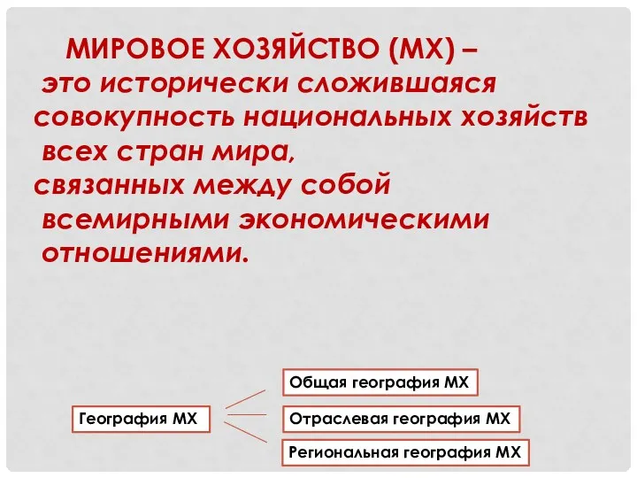 МИРОВОЕ ХОЗЯЙСТВО (МХ) – это исторически сложившаяся совокупность национальных хозяйств