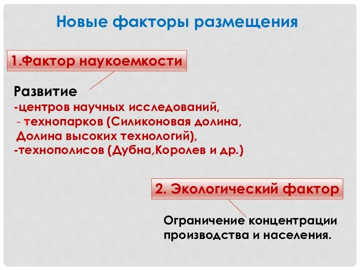 Новые факторы размещения 1.Фактор наукоемкости 2. Экологический фактор Развитие -центров