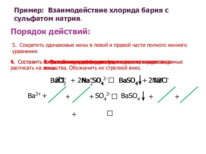 Пример: Взаимодействие хлорида бария с сульфатом натрия. BaCl2 + Na2SO4  BaSO4 +