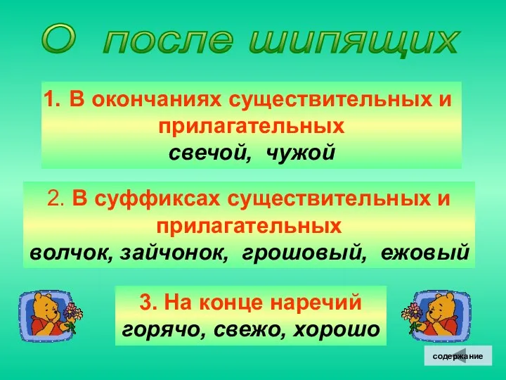 О после шипящих В окончаниях существительных и прилагательных свечой, чужой