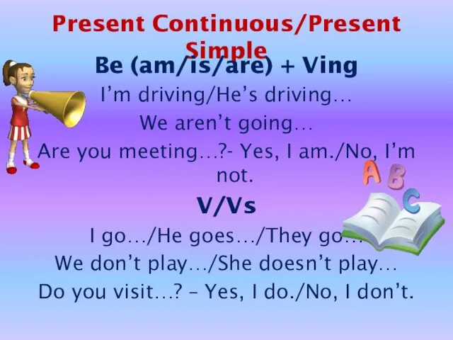 Present Continuous/Present Simple Be (am/is/are) + Ving I’m driving/He’s driving…