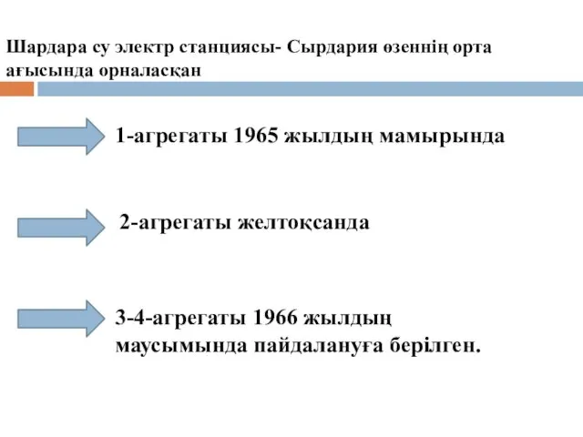 1-агрегаты 1965 жылдың мамырында 2-агрегаты желтоқсанда 3-4-агрегаты 1966 жылдың маусымында