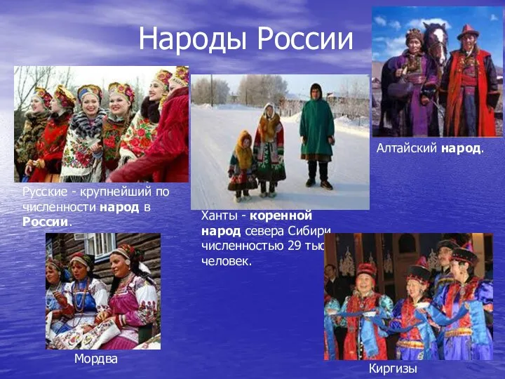 Народы России Русские - крупнейший по численности народ в России. Алтайский народ. Ханты