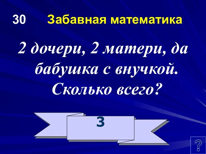 30 Забавная математика 2 дочери, 2 матери, да бабушка с внучкой. Сколько всего? 3