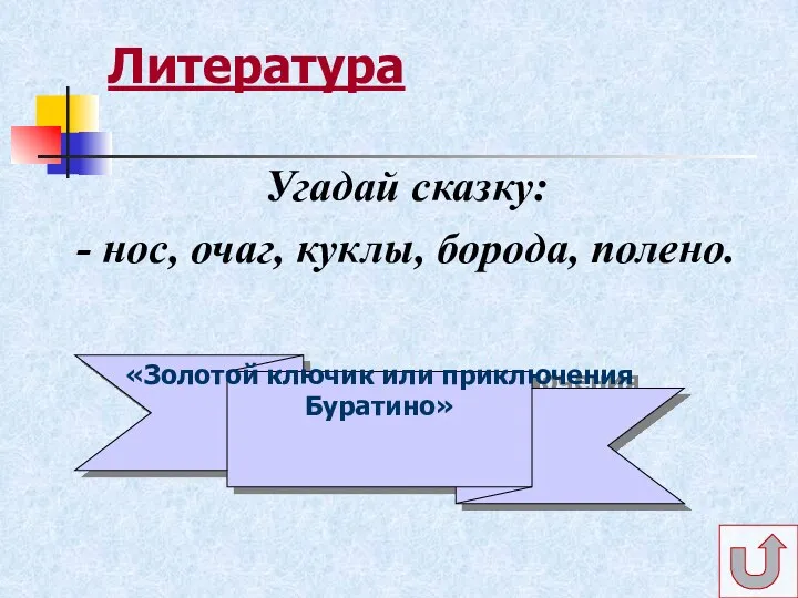 Литература Угадай сказку: - нос, очаг, куклы, борода, полено. «Золотой ключик или приключения Буратино»