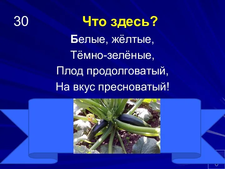 30 Что здесь? Белые, жёлтые, Тёмно-зелёные, Плод продолговатый, На вкус пресноватый!