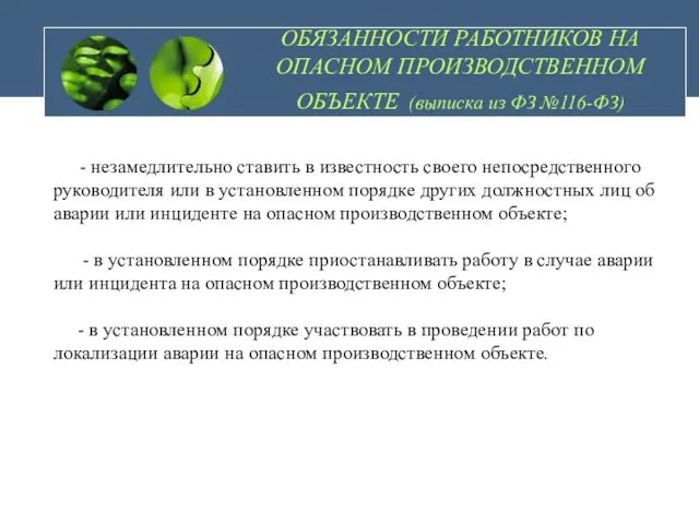 ОБЯЗАННОСТИ РАБОТНИКОВ НА ОПАСНОМ ПРОИЗВОДСТВЕННОМ ОБЪЕКТЕ (выписка из ФЗ №116-ФЗ)