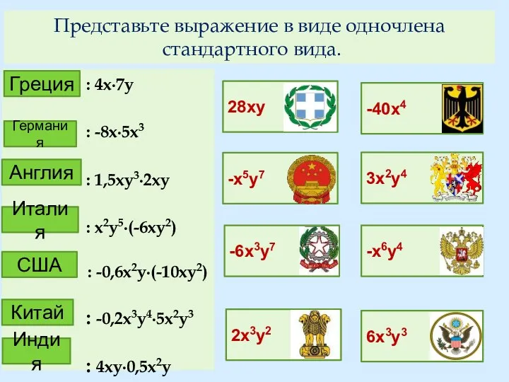 28ху : 4х∙7у : -8х∙5х3 : 1,5ху3∙2ху : х2у5∙(-6ху2) : -0,6х2у∙(-10ху2) : -0,2х3у4∙5х2у3