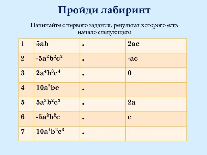 Пройди лабиринт Начинайте с первого задания, результат которого есть начало следующего