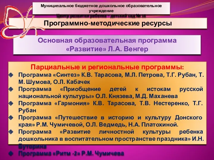 Основная образовательная программа «Развитие» Л.А. Венгер Программно-методические ресурсы Парциальные и