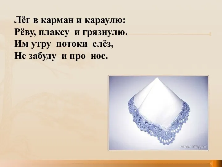 Лёг в карман и караулю: Рёву, плаксу и грязнулю. Им