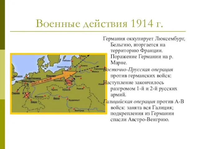 Военные действия 1914 г. Германия оккупирует Люксембург, Бельгию, вторгается на территорию Франции. Поражение