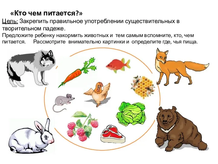 «Кто чем питается?» Цель: Закрепить правильное употреблении существительных в творительном