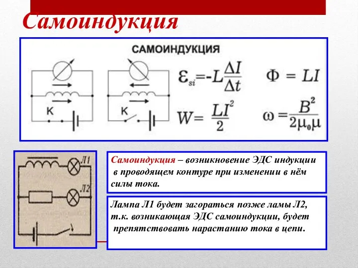 Самоиндукция Самоиндукция – возникновение ЭДС индукции в проводящем контуре при