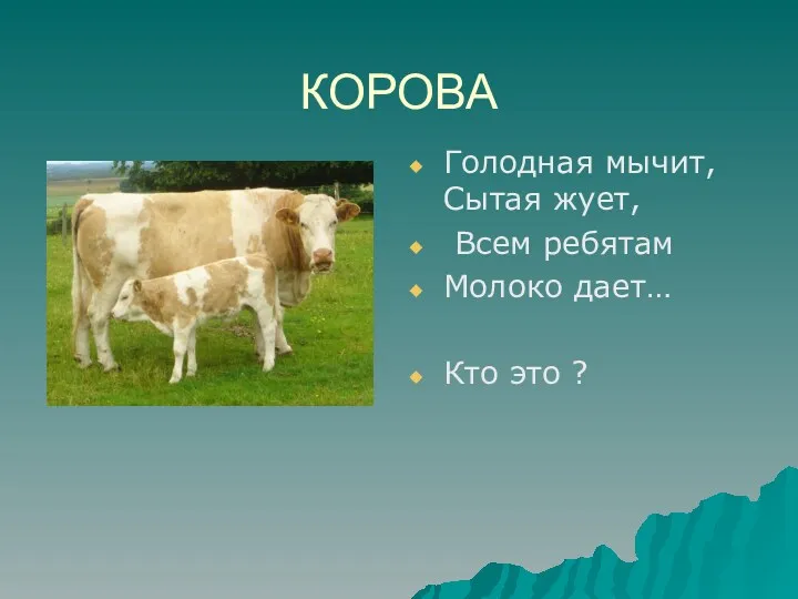 КОРОВА Голодная мычит, Сытая жует, Всем ребятам Молоко дает… Кто это ?