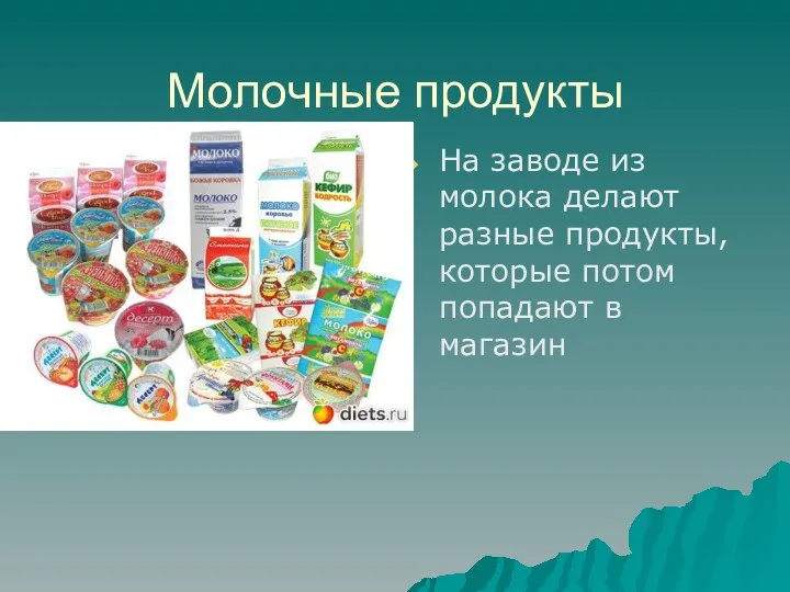 Молочные продукты На заводе из молока делают разные продукты, которые потом попадают в магазин