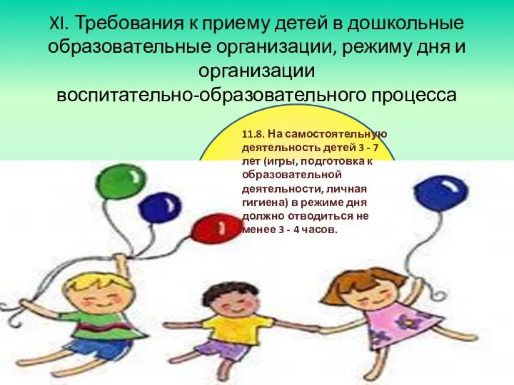 XI. Требования к приему детей в дошкольные образовательные организации, режиму дня и организации
