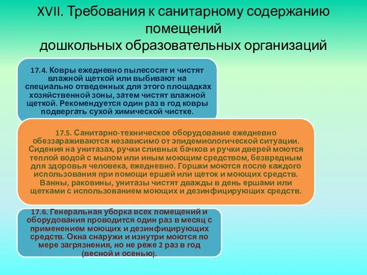 XVII. Требования к санитарному содержанию помещений дошкольных образовательных организаций