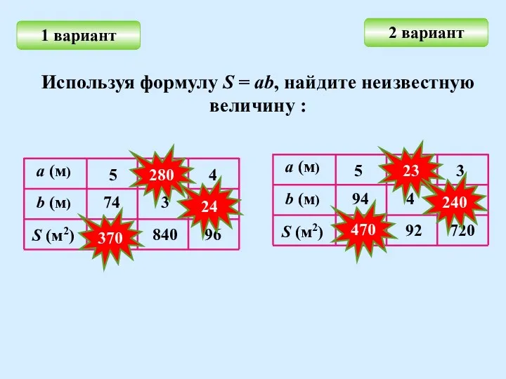 1 вариант 2 вариант Используя формулу S = ab, найдите