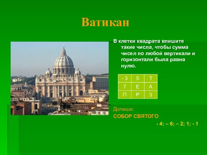 Ватикан В клетки квадрата впишите такие числа, чтобы сумма чисел по любой вертикали