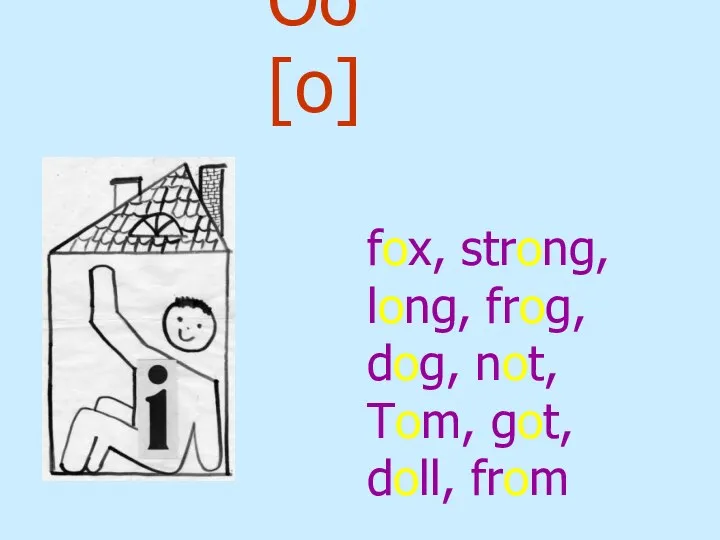 Oo [o] fox, strong, long, frog, dog, not, Tom, got, doll, from