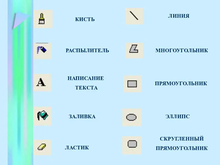 КИСТЬ РАСПЫЛИТЕЛЬ НАПИСАНИЕ ТЕКСТА ЗАЛИВКА ЛАСТИК ЛИНИЯ МНОГОУГОЛЬНИК ПРЯМОУГОЛЬНИК ЭЛЛИПС СКРУГЛЕННЫЙ ПРЯМОУГОЛЬНИК