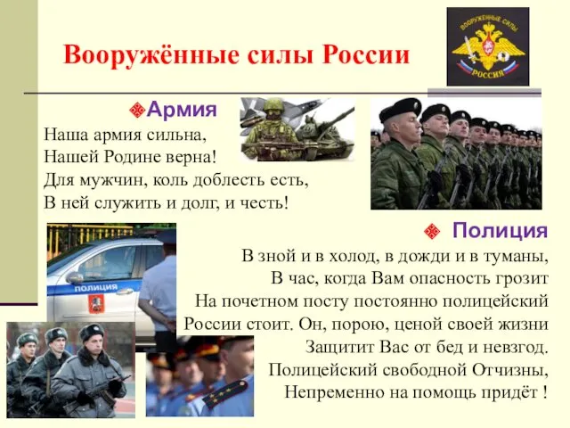 Вооружённые силы России Армия Наша армия сильна, Нашей Родине верна!