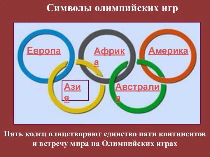 Символы олимпийских игр Пять колец олицетворяют единство пяти континентов и