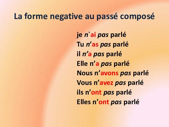 La forme negative au passé composé je n`ai pas parlé