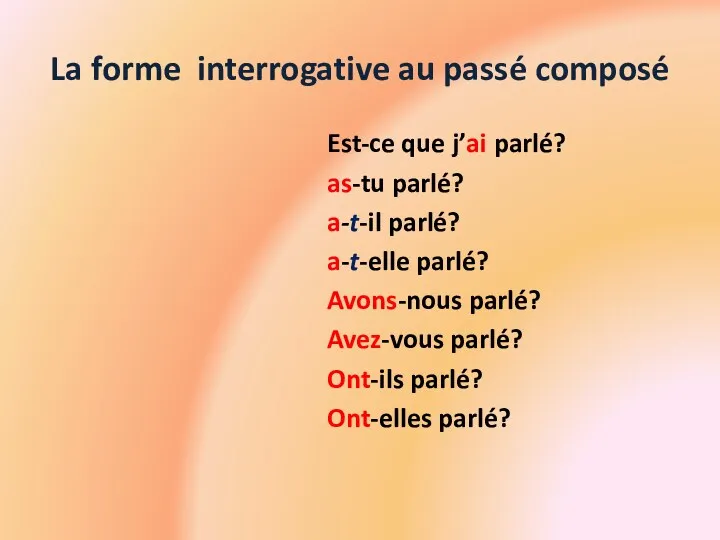 La forme interrogative au passé composé Est-ce que j’ai parlé?