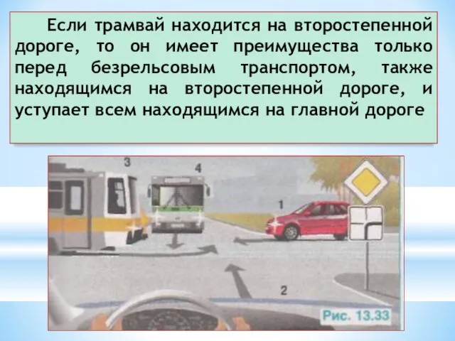 Если трамвай находится на второстепенной дороге, то он имеет преимущества