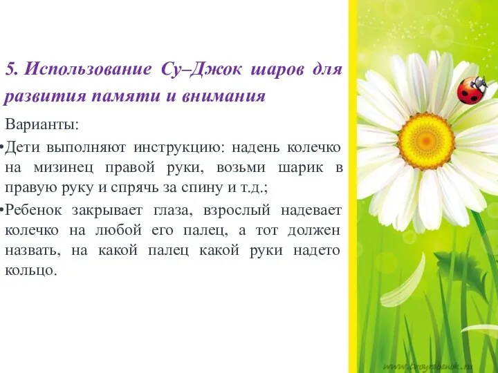 5. Использование Су–Джок шаров для развития памяти и внимания Варианты: Дети выполняют инструкцию: