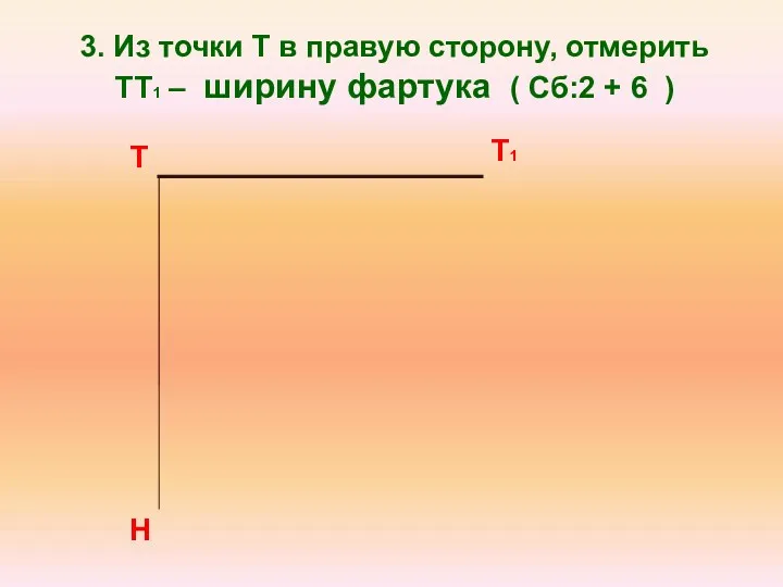 3. Из точки Т в правую сторону, отмерить ТТ1 – ширину фартука (